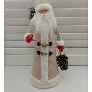 Christmas Santa Figurine Large 18" Tall Fabric Decor Holding Pinecone & Bag